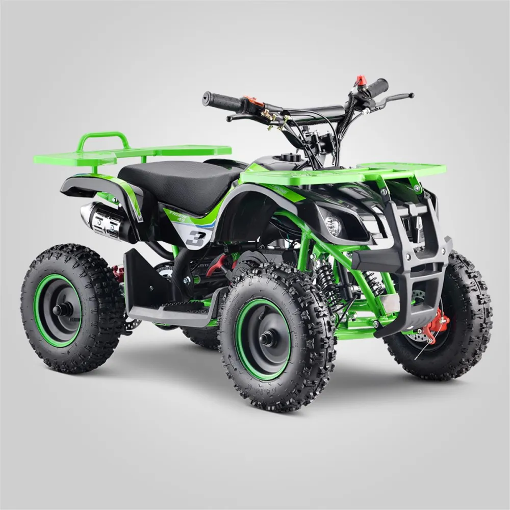 Pocket quad vert posé sur pelouse, montre les deux porte-bagages avant et arrière